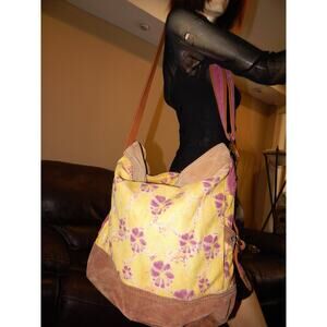 Y2K Lucky Brand Bucket Shoulder Bag Crossbody Canvas Suede TieDye Floral Boho XL